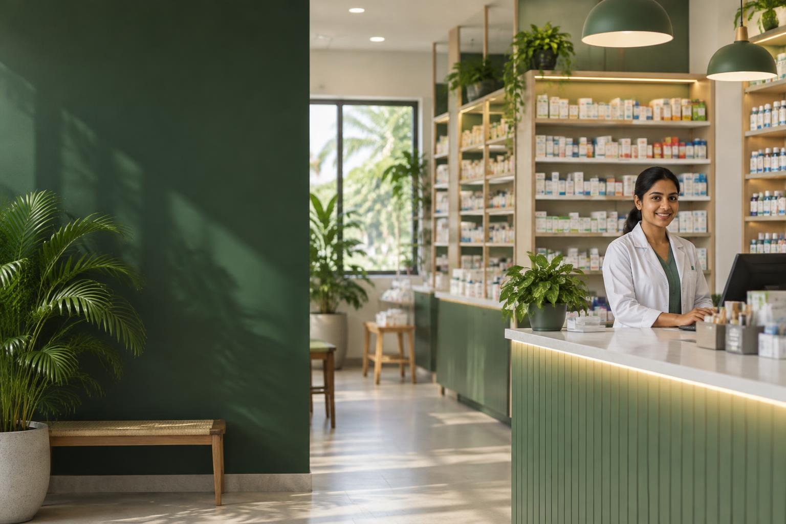 Illustrative modern neighbourhood pharmacy interior with a pharmacist